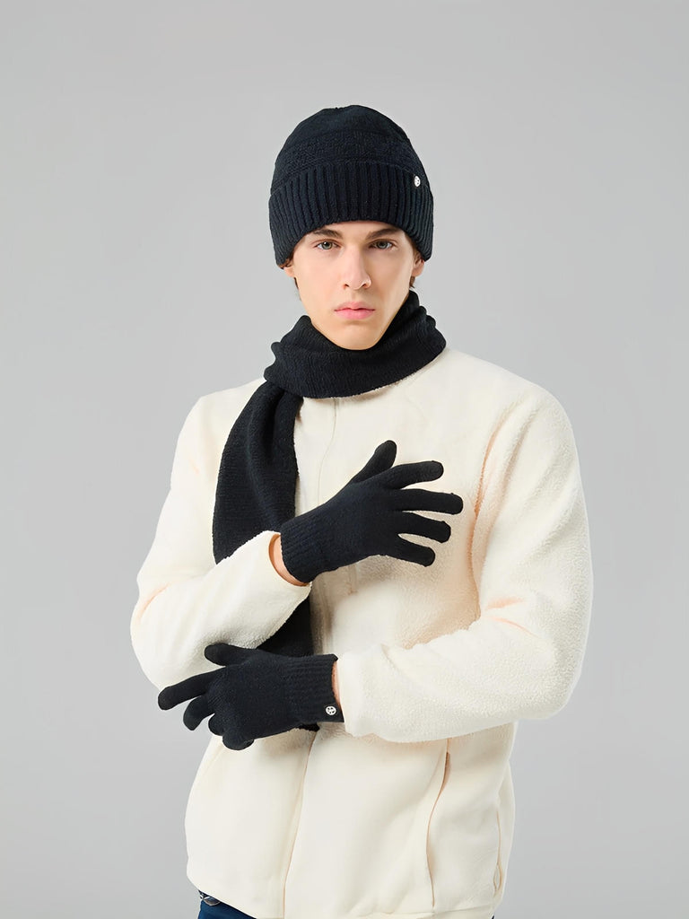 Ensemble hiver trois pièces, bonnet chaud doublé, écharpe douce longue, gants tactiles confortables, tricot effet relief, plusieurs couleurs disponibles, modèle Gastin - Écharpe - Noir