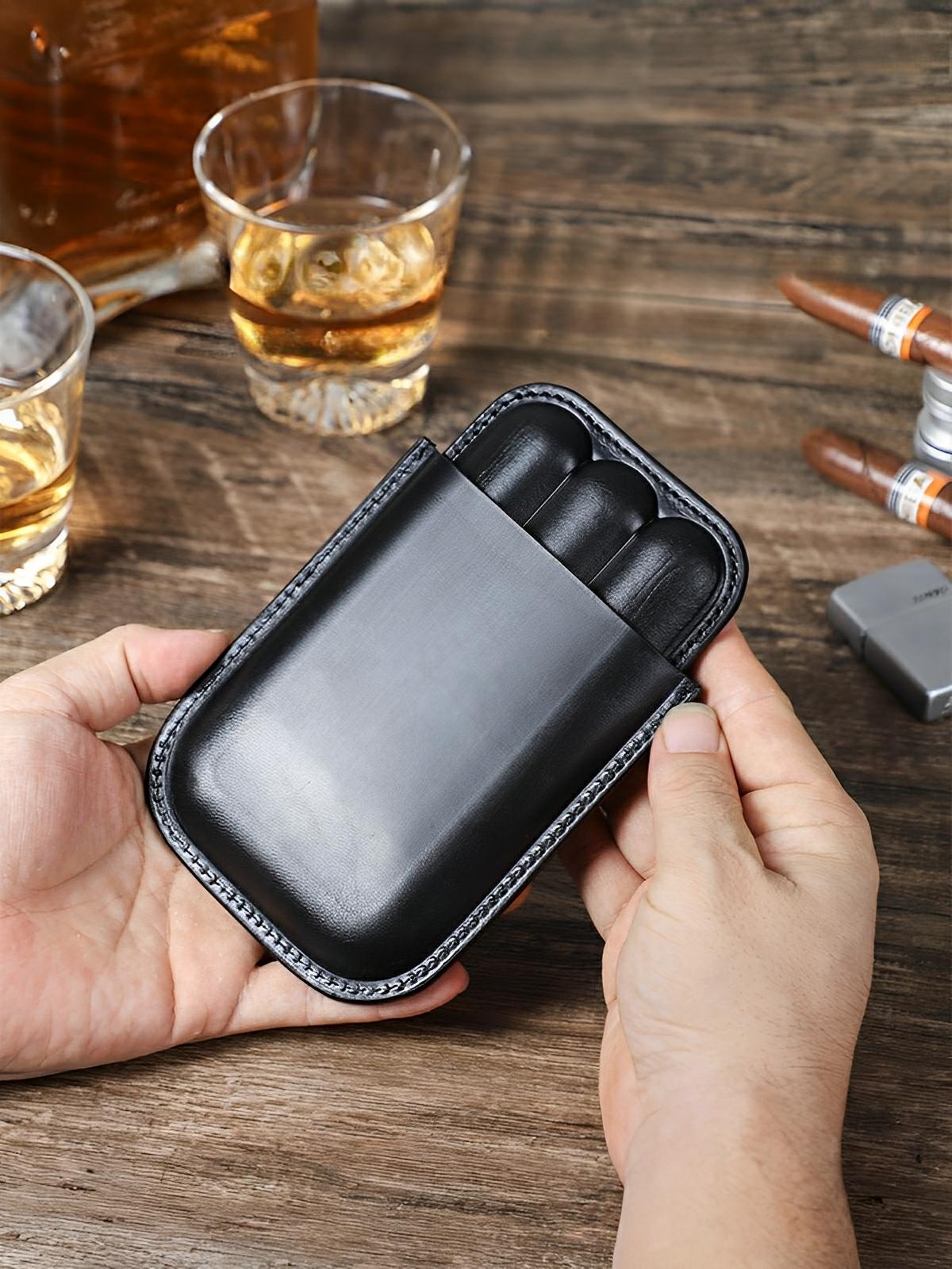 Étui à cigares, en cuir, idéal à transporter, format compact modèle Méliton - Coffret - Noir
