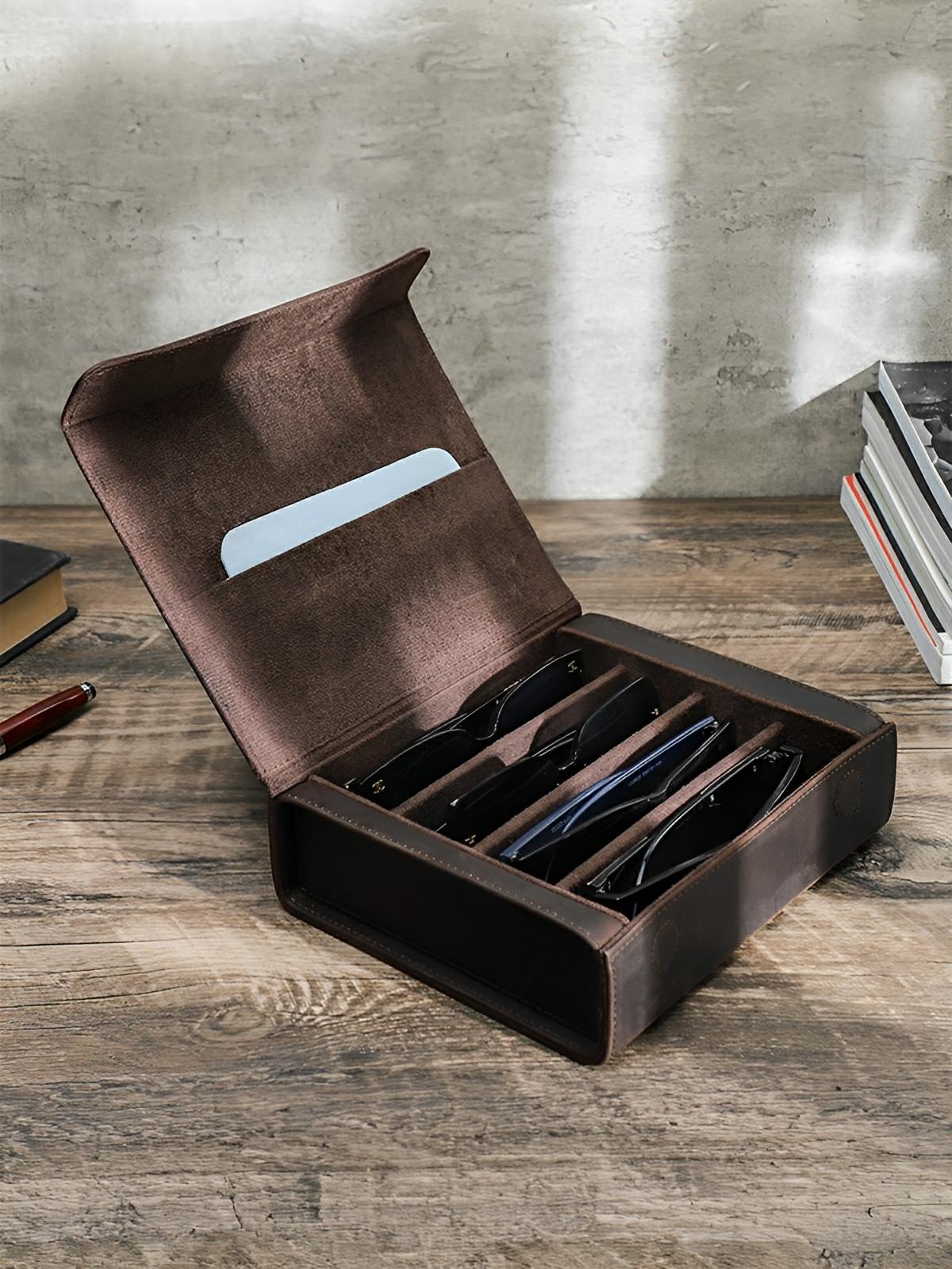 Étui à lunettes, en cuir, voyage organisé, modèle Hilarion - Coffret - Café