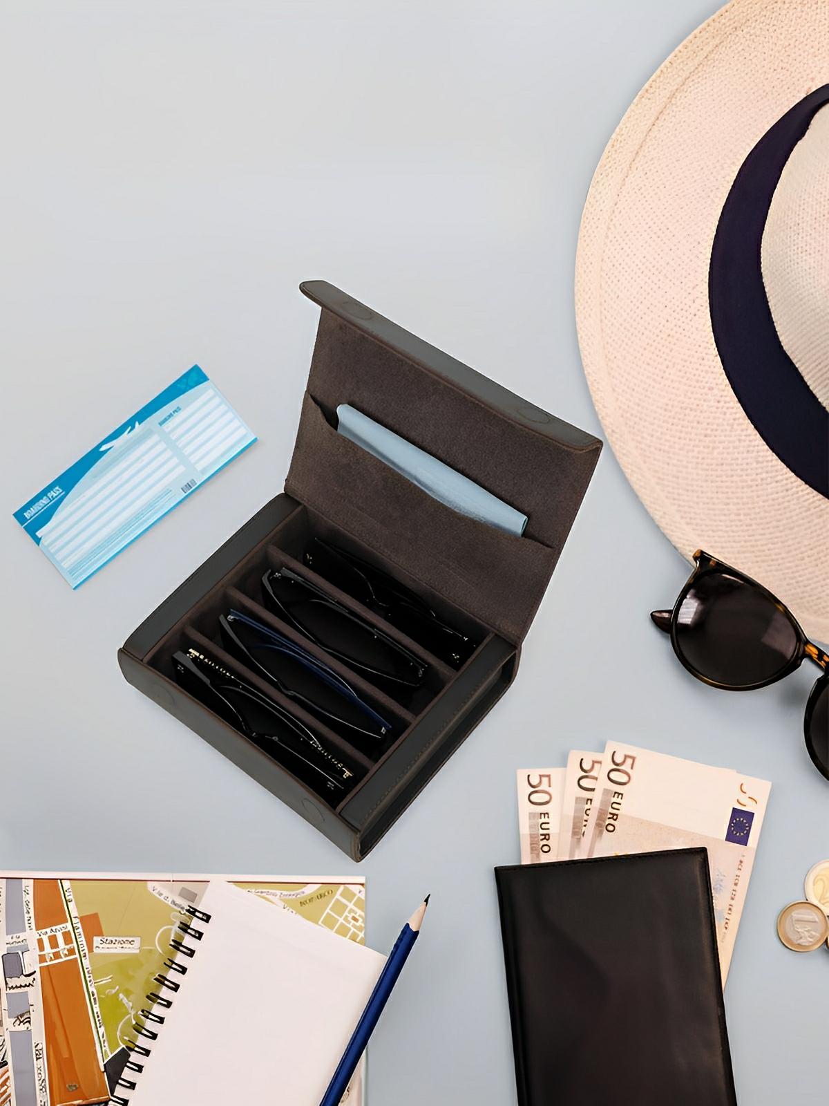 Étui à lunettes, en cuir, voyage organisé, modèle Hilarion - Coffret - Café
