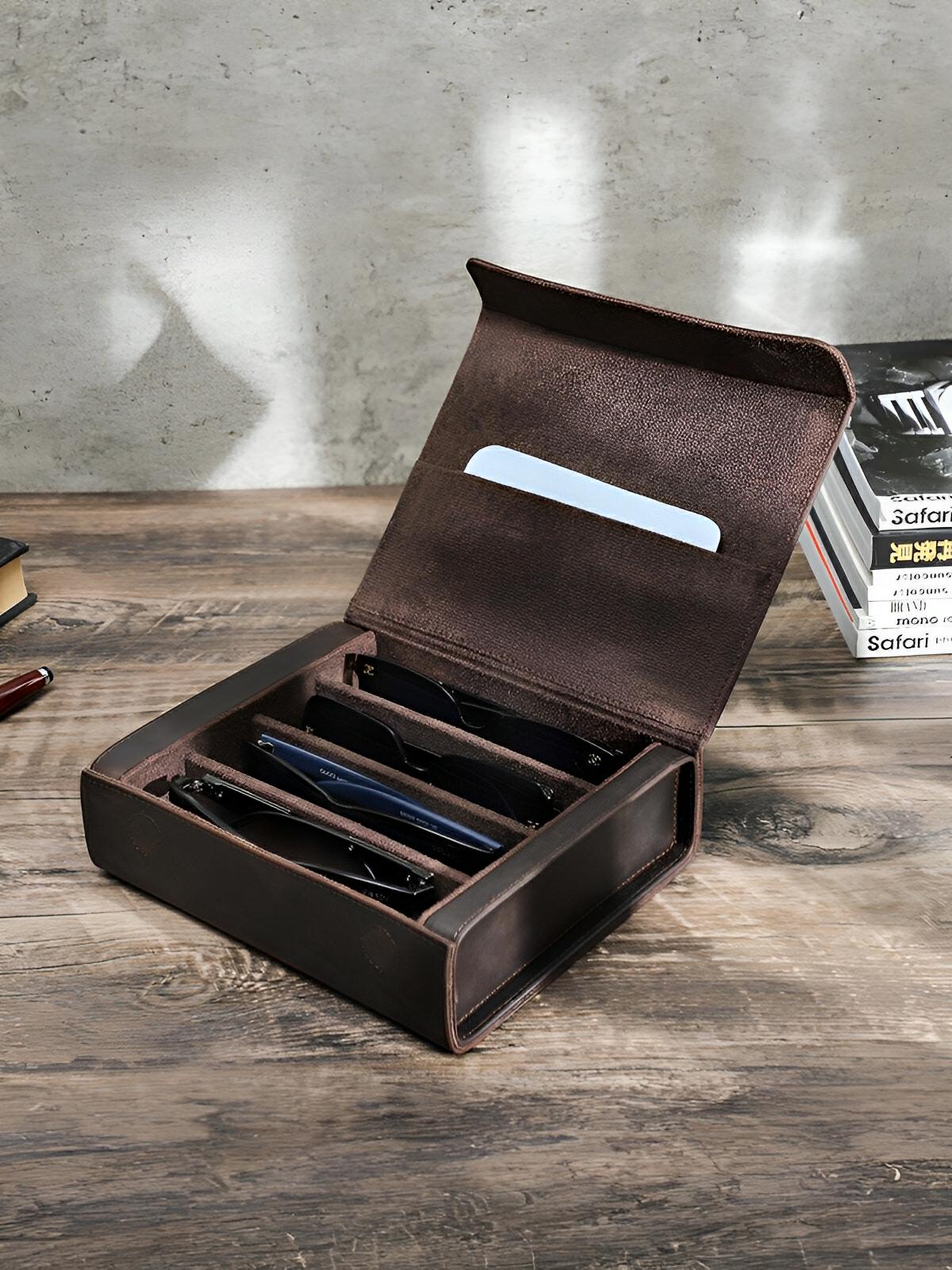 Étui à lunettes, en cuir, voyage organisé, modèle Hilarion - Coffret - Café