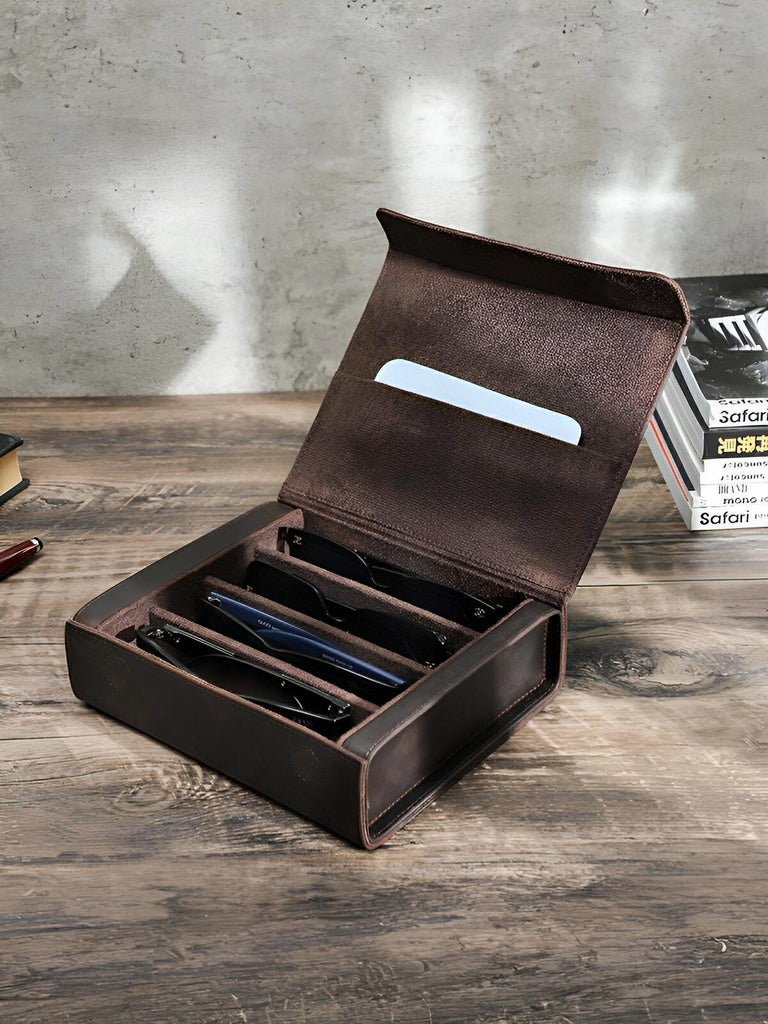 Étui à lunettes, en cuir, voyage organisé, modèle Hilarion - Coffret - Café