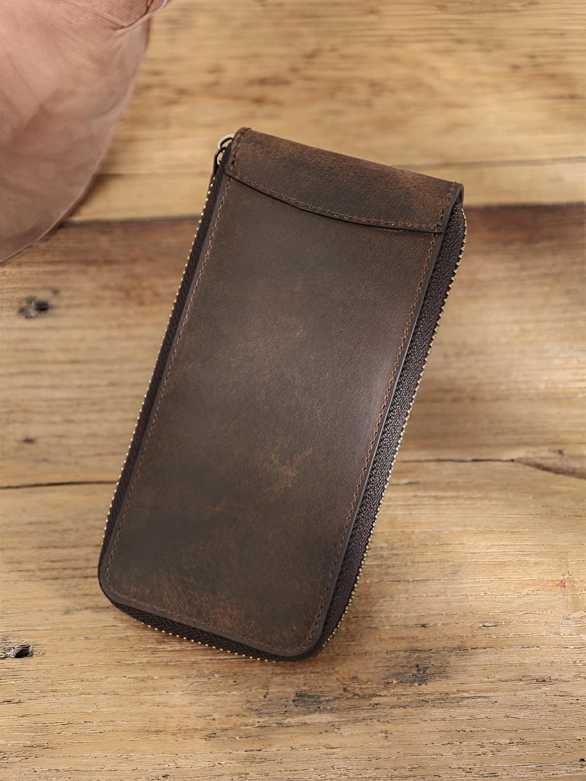 Étui à montres, en cuir, à une capacité, porte - carte intégré, modèle Crispin - Coffret - Café