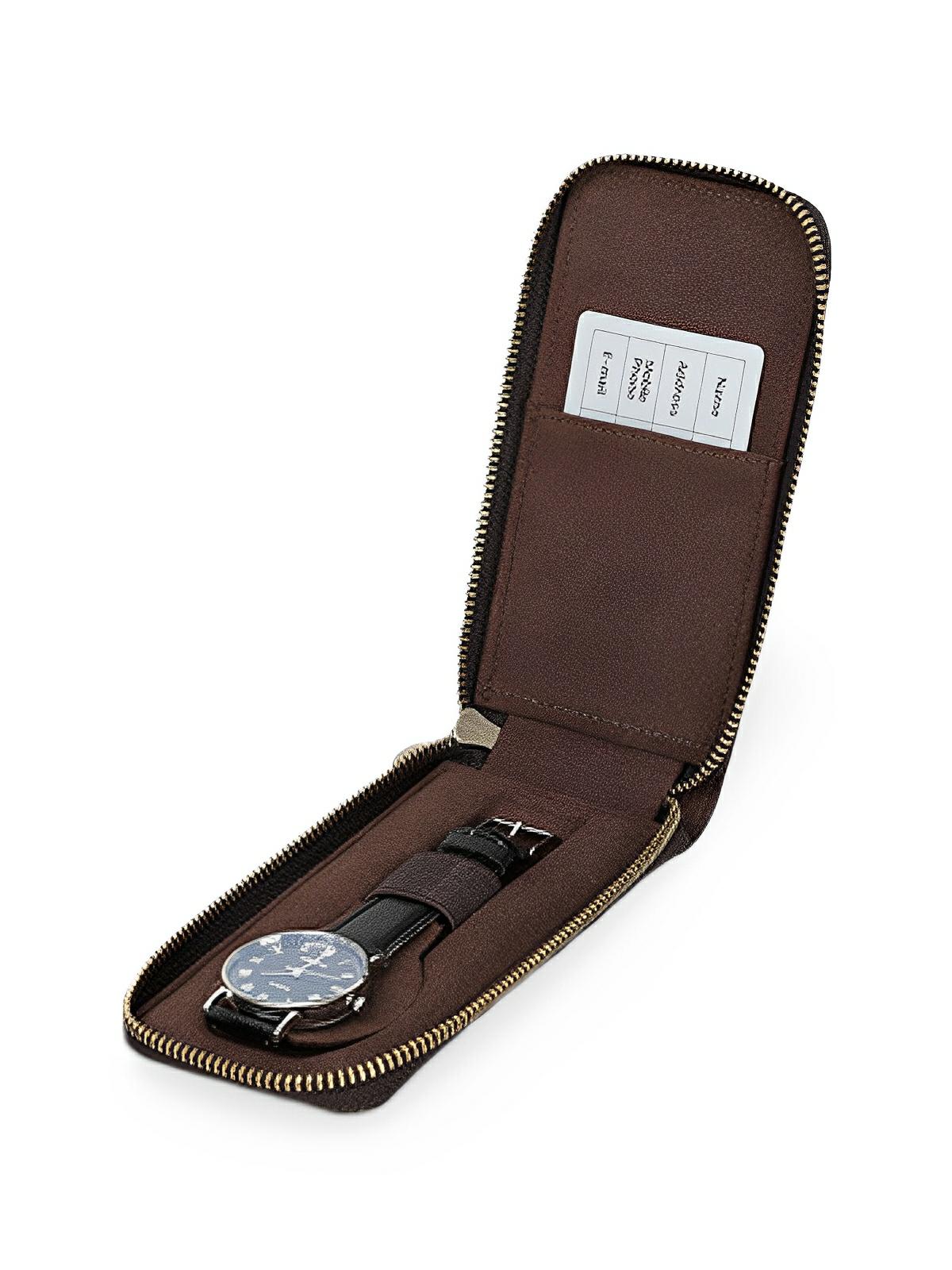 Étui à montres, en cuir, à une capacité, porte - carte intégré, modèle Crispin - Coffret - Café