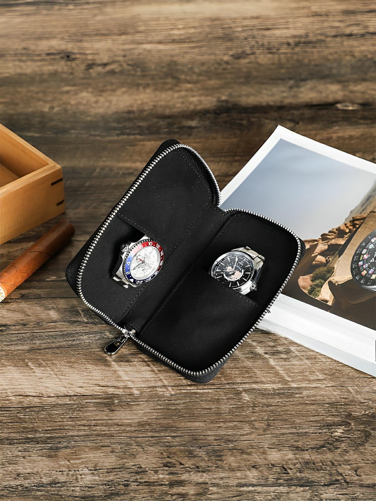 Étui à montres, en cuir, double emplacement, modèle Ansel - Coffret - Noir
