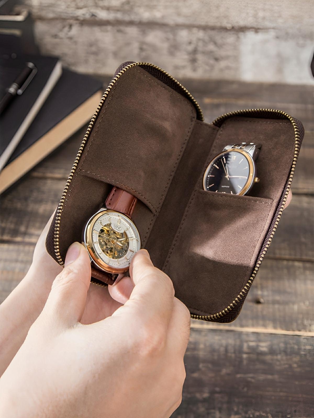 Étui à montres, en cuir, double emplacement, modèle Ansel - Coffret - Café