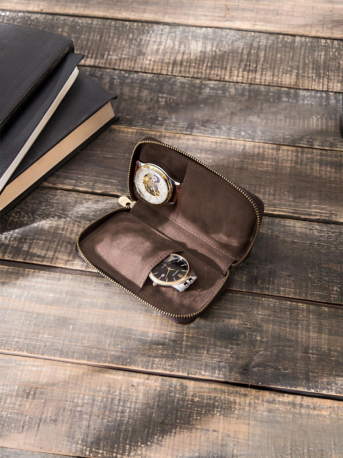 Étui à montres, en cuir, double emplacement, modèle Ansel - Coffret - Café