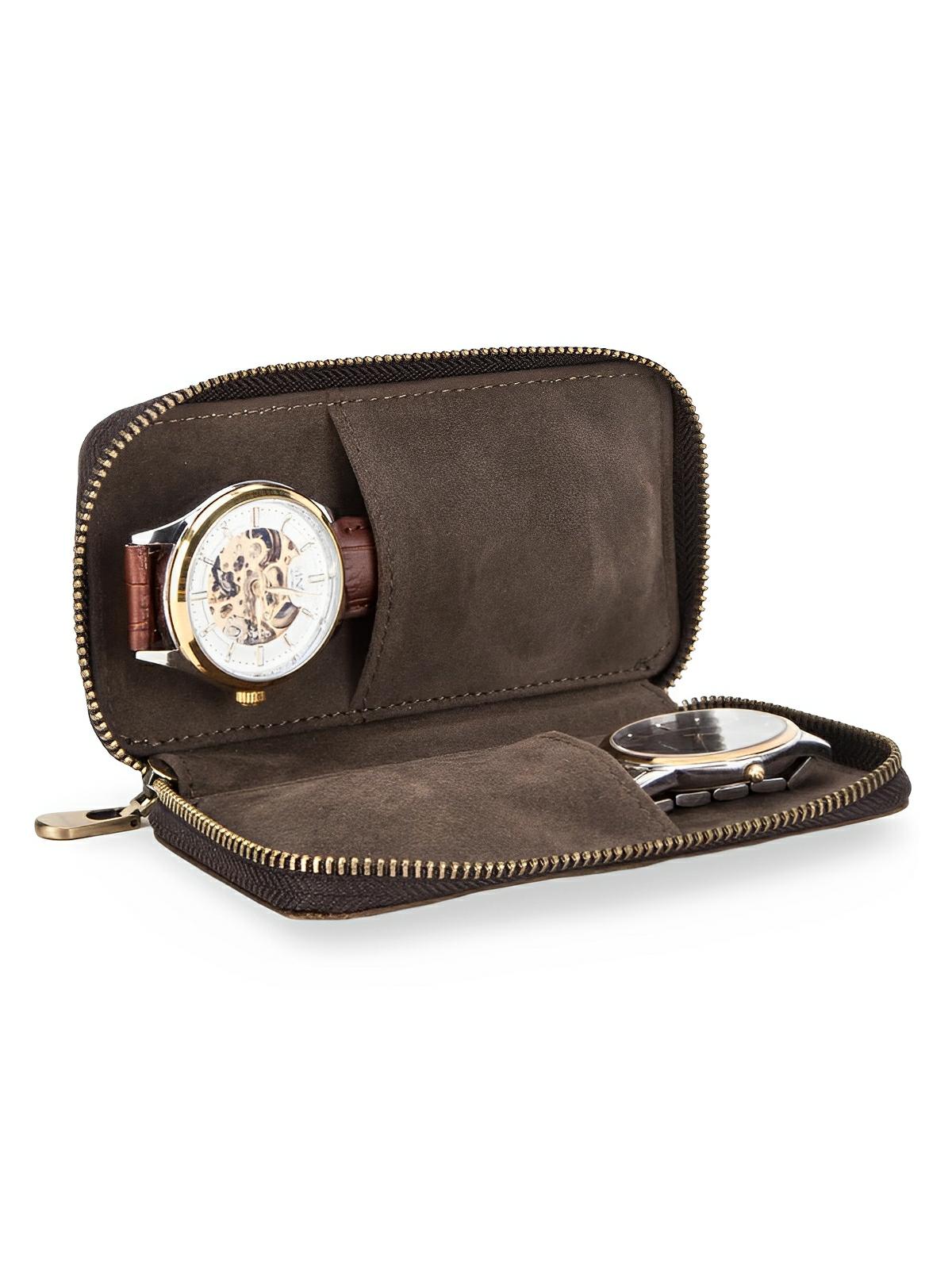 Étui à montres, en cuir, double emplacement, modèle Ansel - Coffret - Café