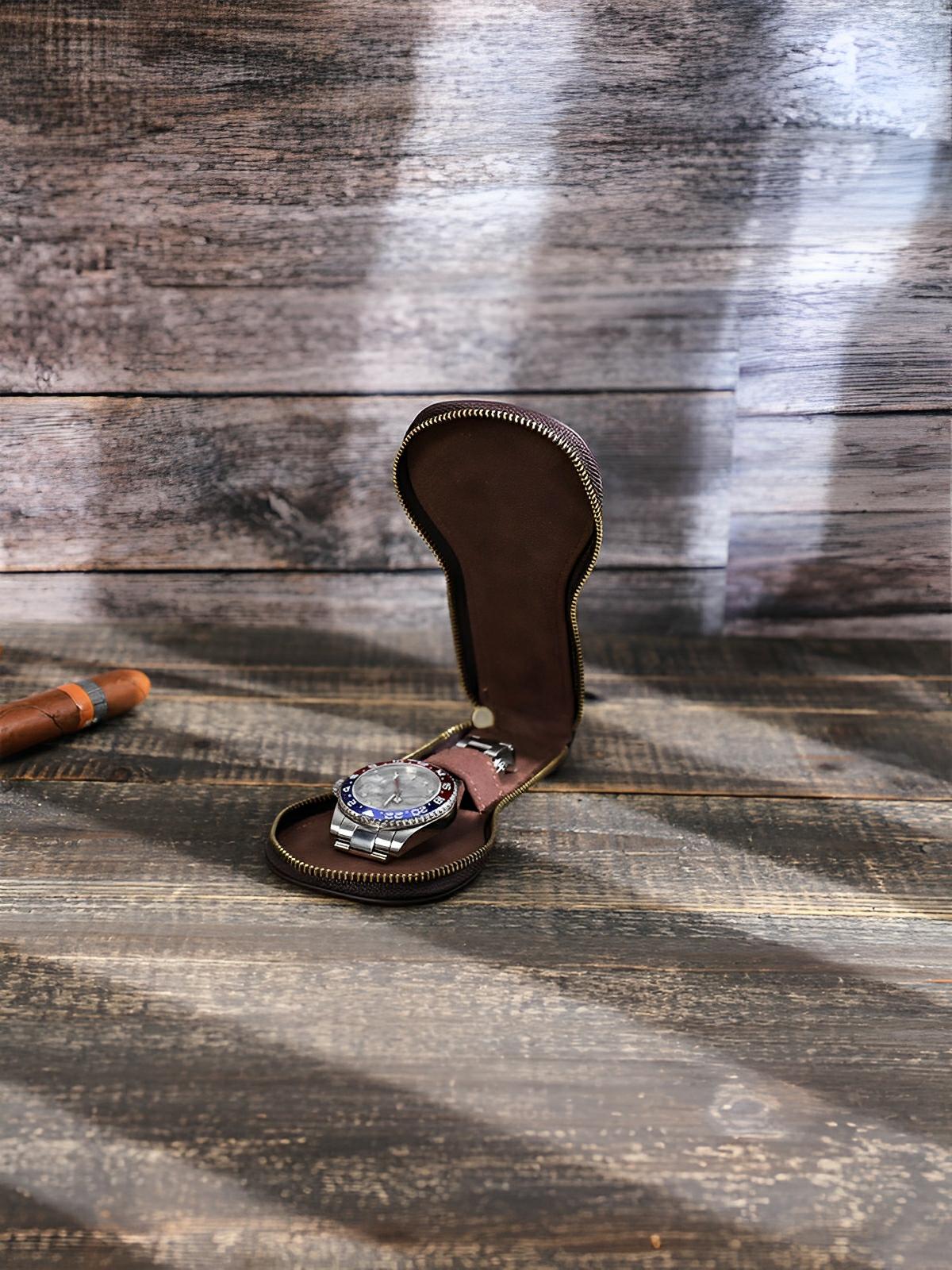 Étui à montres, en cuir, un emplacement, intérieur doux, modèle Bérulf - Coffret - Café