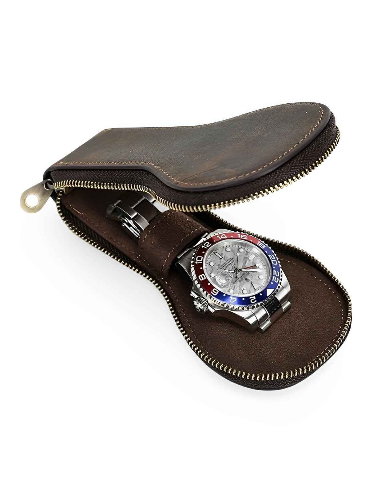 Étui à montres, en cuir, un emplacement, intérieur doux, modèle Bérulf - Coffret - Café