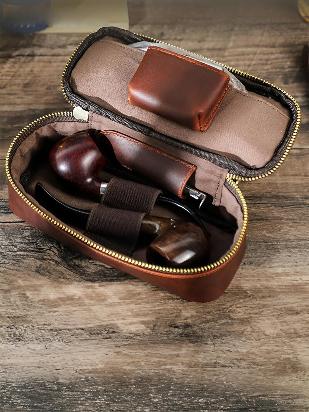 Étui à pipe, en cuir, raffiné et organisé, modèle Riquier - Coffret - Café