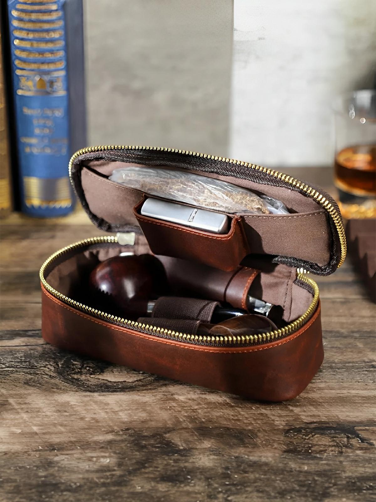 Étui à pipe, en cuir, raffiné et organisé, modèle Riquier - Coffret - Café