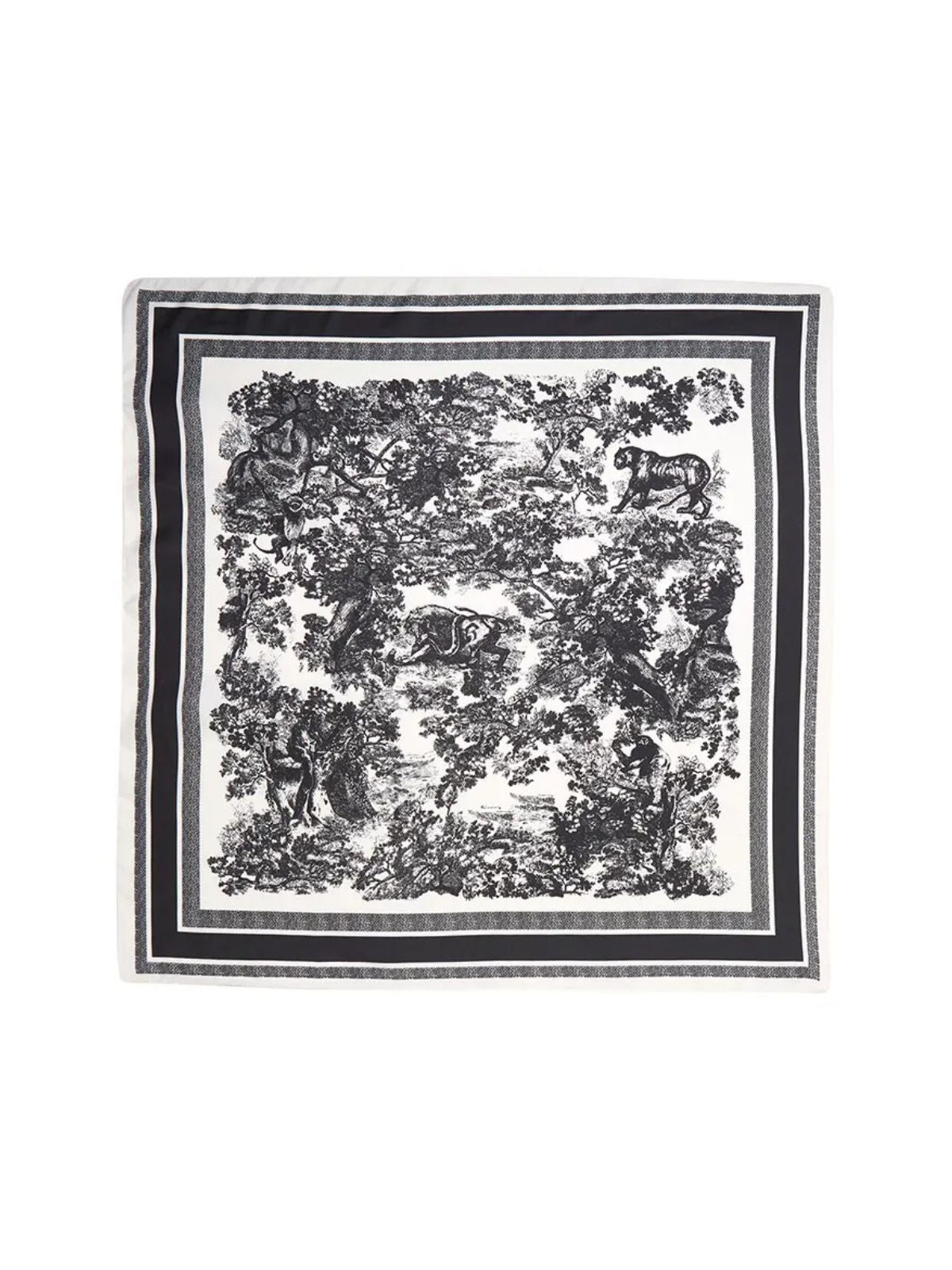 Foulard carré aspect soie noir et blanc, accessoire femme printemps été, pour tête ou cou, style chic et graphique, imprimé forêt baroque, grand format léger, modèle Christina - Écharpe - Blanc