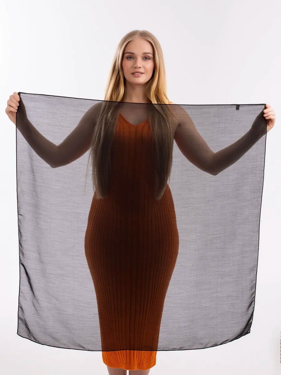 Foulard carré femme 95x95cm, soie imitation douce, coloris unis variés, accessoire polyvalent, léger printemps été, modèle Lala - Écharpe - Noir