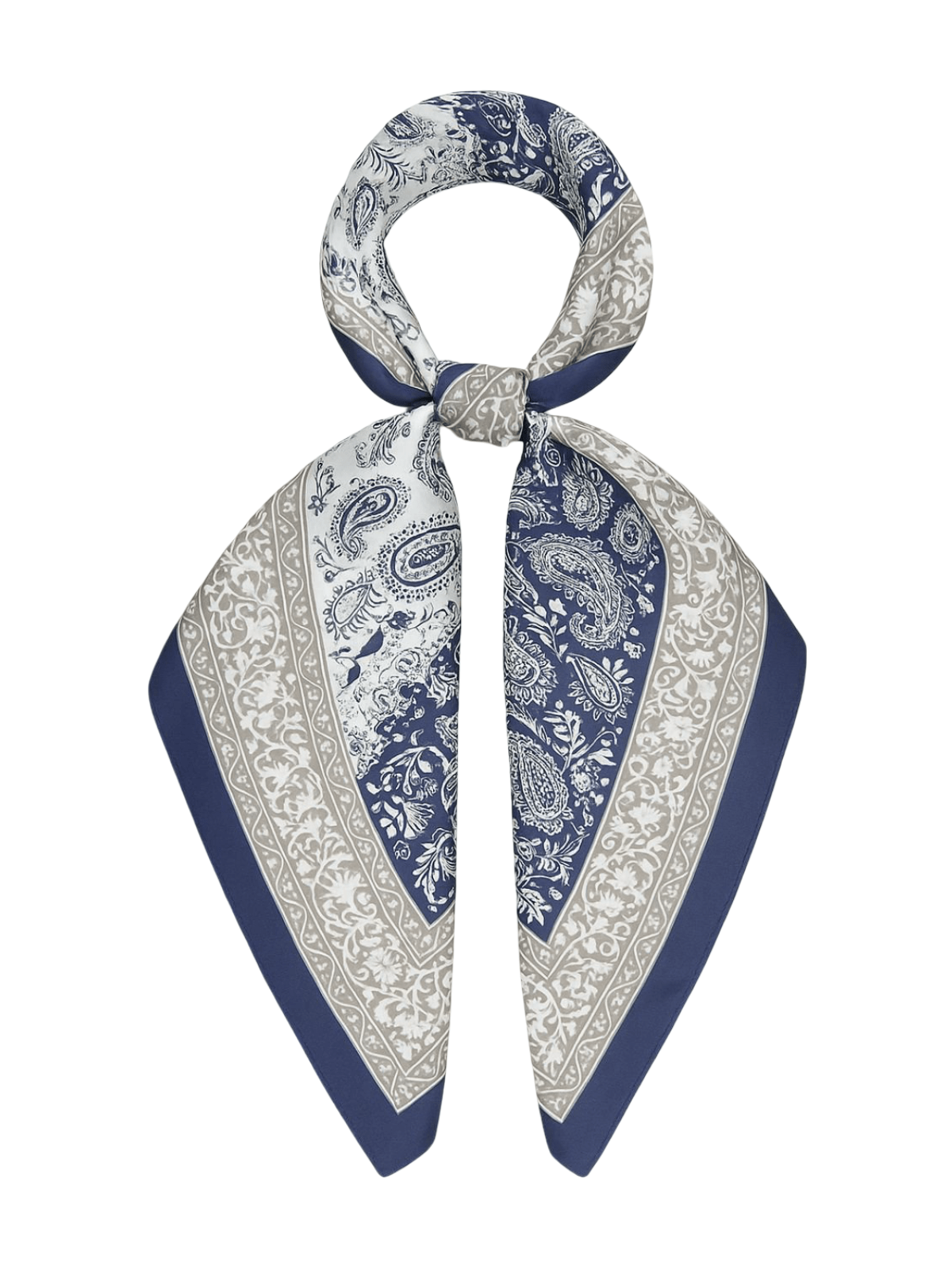 Foulard carré femme aspect soie, imprimé cachemire bleu et gris, accessoire de tête chic, tendance, foulard cheveux effet satiné, modèle Elysa - Écharpe - Bleu