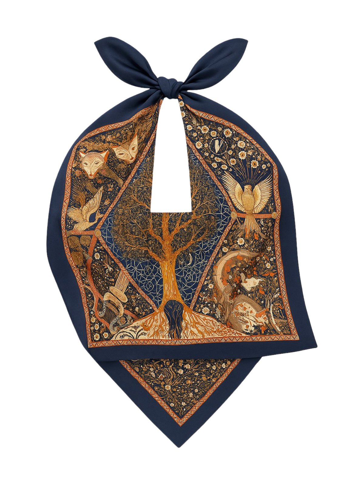Foulard carré femme, imprimé arbre de vie, bleu nuit et doré, foulard léger en imitation satin, accessoire cheveux ou cou, grand foulard 90x90, style poétique animalier, modèle Aria - Écharpe - Multicolore