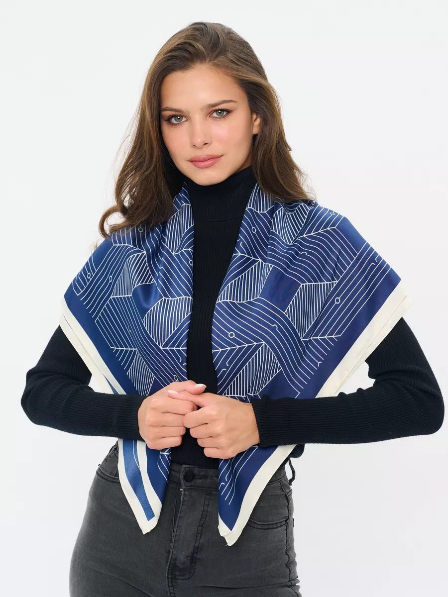 Foulard carré femme, soie synthétique douce, imprimé géométrique moderne, grande écharpe 90x90 cm, accessoires tête et cou, style chic urbain, modèle Albane - Écharpe - Bleu