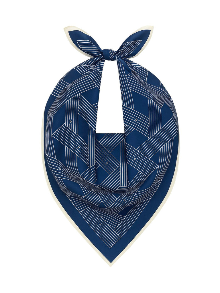 Foulard carré femme, soie synthétique douce, imprimé géométrique moderne, grande écharpe 90x90 cm, accessoires tête et cou, style chic urbain, modèle Albane - Écharpe - Bleu