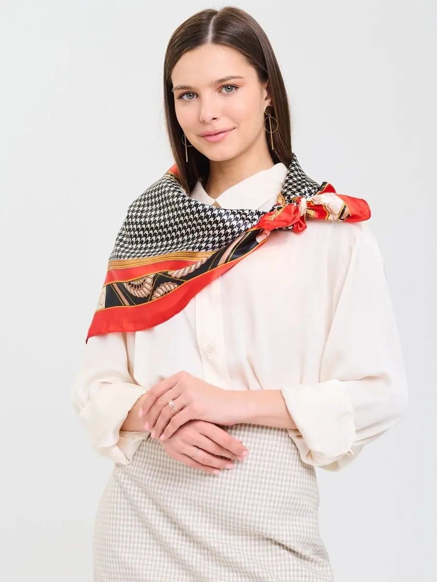 Foulard carré imitation satiné, foulard imprimé rouge noir blanc, écharpe foulard femme 90x90, accessoire mode chic, foulard à motif géométrique, modèle Laurel - Écharpe - Multicolore