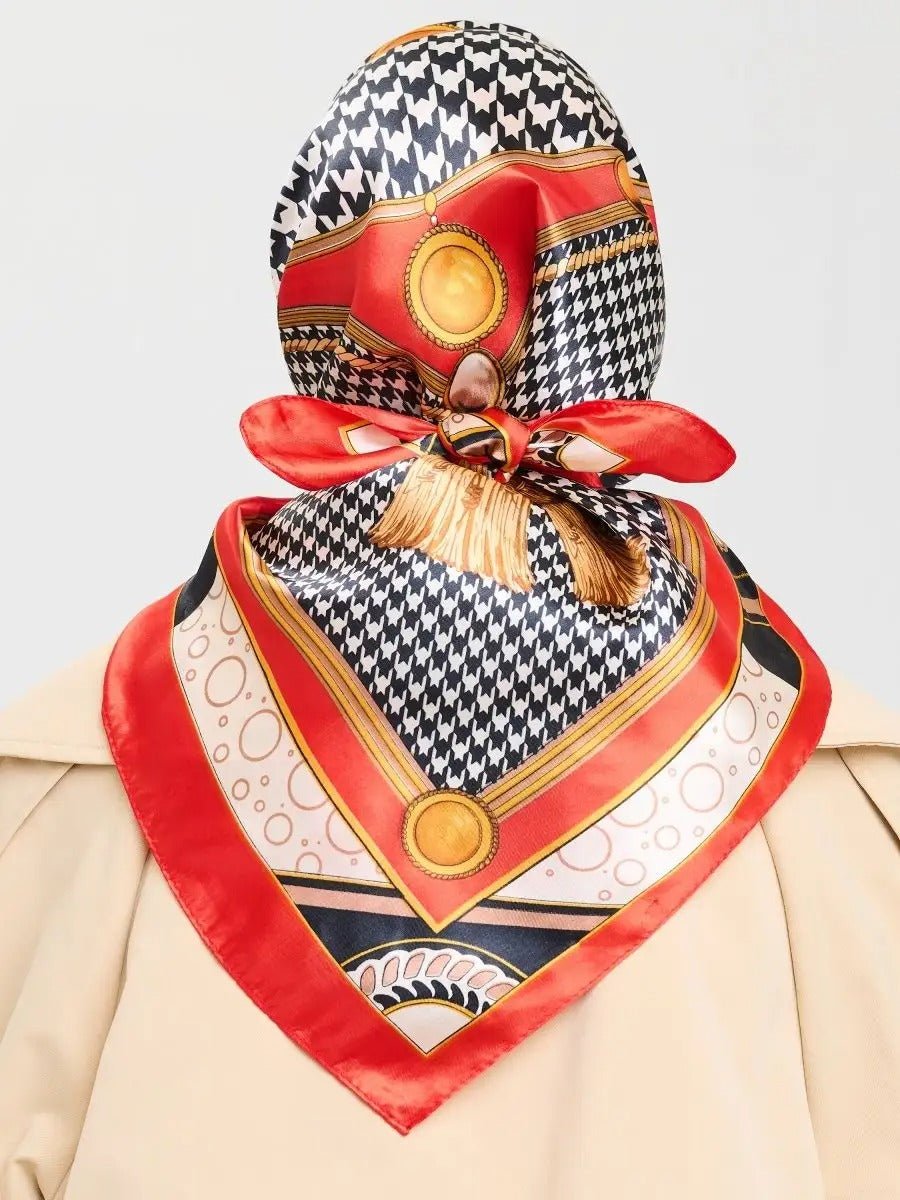 Foulard carré imitation satiné, foulard imprimé rouge noir blanc, écharpe foulard femme 90x90, accessoire mode chic, foulard à motif géométrique, modèle Laurel - Écharpe - Multicolore