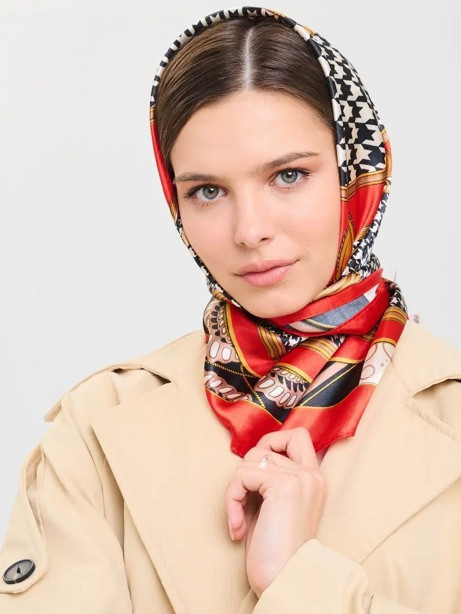 Foulard carré imitation satiné, foulard imprimé rouge noir blanc, écharpe foulard femme 90x90, accessoire mode chic, foulard à motif géométrique, modèle Laurel - Écharpe - Multicolore