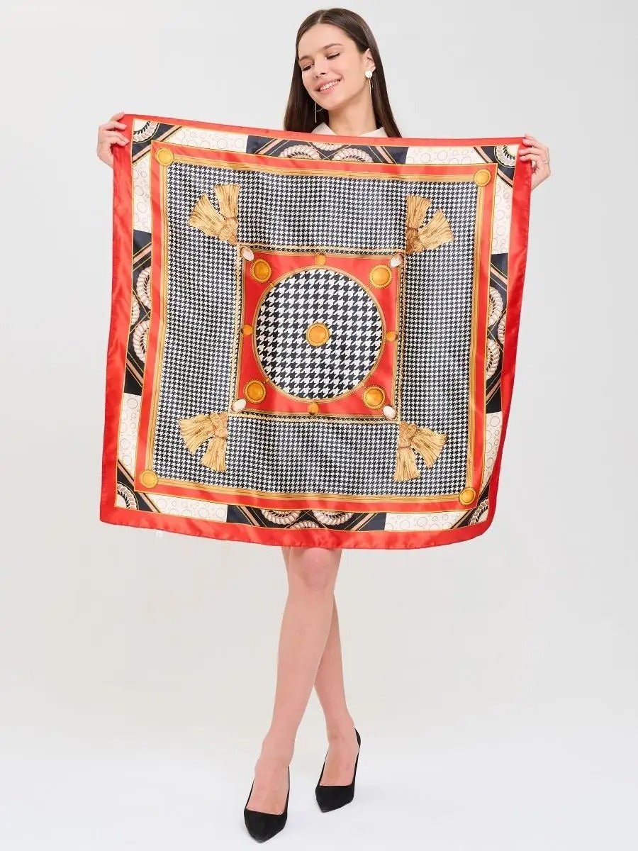 Foulard carré imitation satiné, foulard imprimé rouge noir blanc, écharpe foulard femme 90x90, accessoire mode chic, foulard à motif géométrique, modèle Laurel - Écharpe - Multicolore