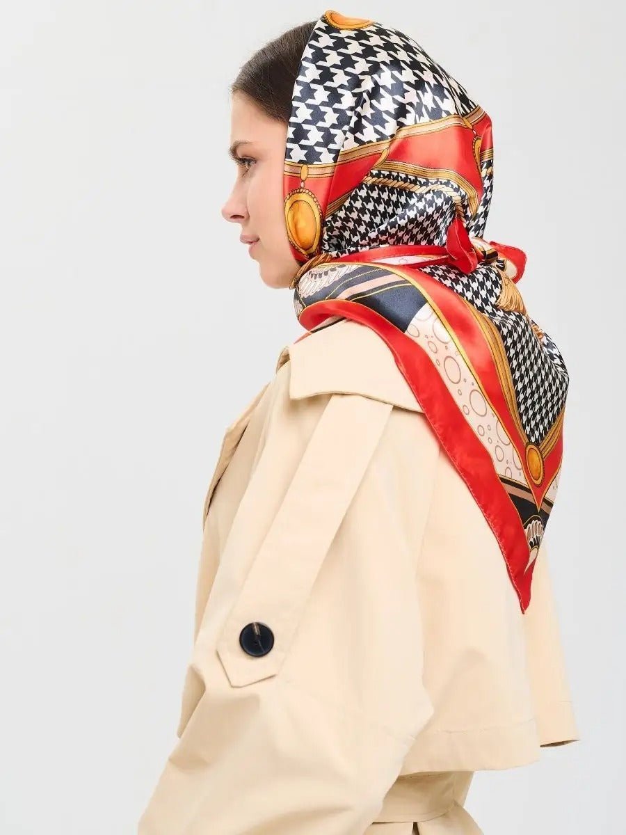 Foulard carré imitation satiné, foulard imprimé rouge noir blanc, écharpe foulard femme 90x90, accessoire mode chic, foulard à motif géométrique, modèle Laurel - Écharpe - Multicolore