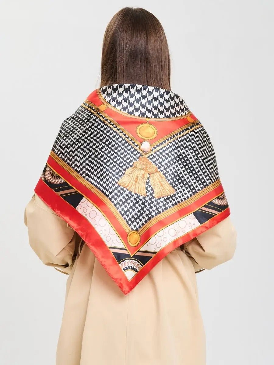 Foulard carré imitation satiné, foulard imprimé rouge noir blanc, écharpe foulard femme 90x90, accessoire mode chic, foulard à motif géométrique, modèle Laurel - Écharpe - Multicolore