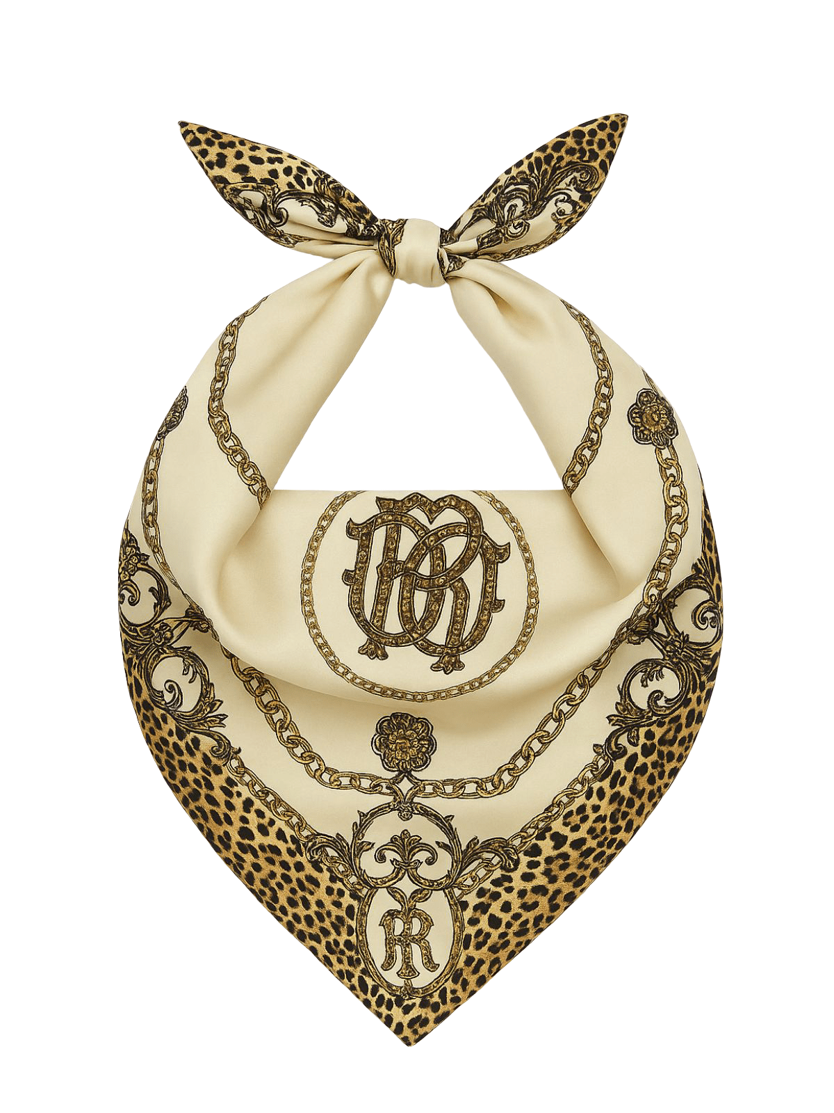 Foulard femme aspect soie, imprimé léopard chic, foulard carré 90x90, accessoire cheveux, foulard sac, style chaîne baroque, foulard doux au toucher, foulard crème et noir, modèle Pryia - Écharpe - Beige