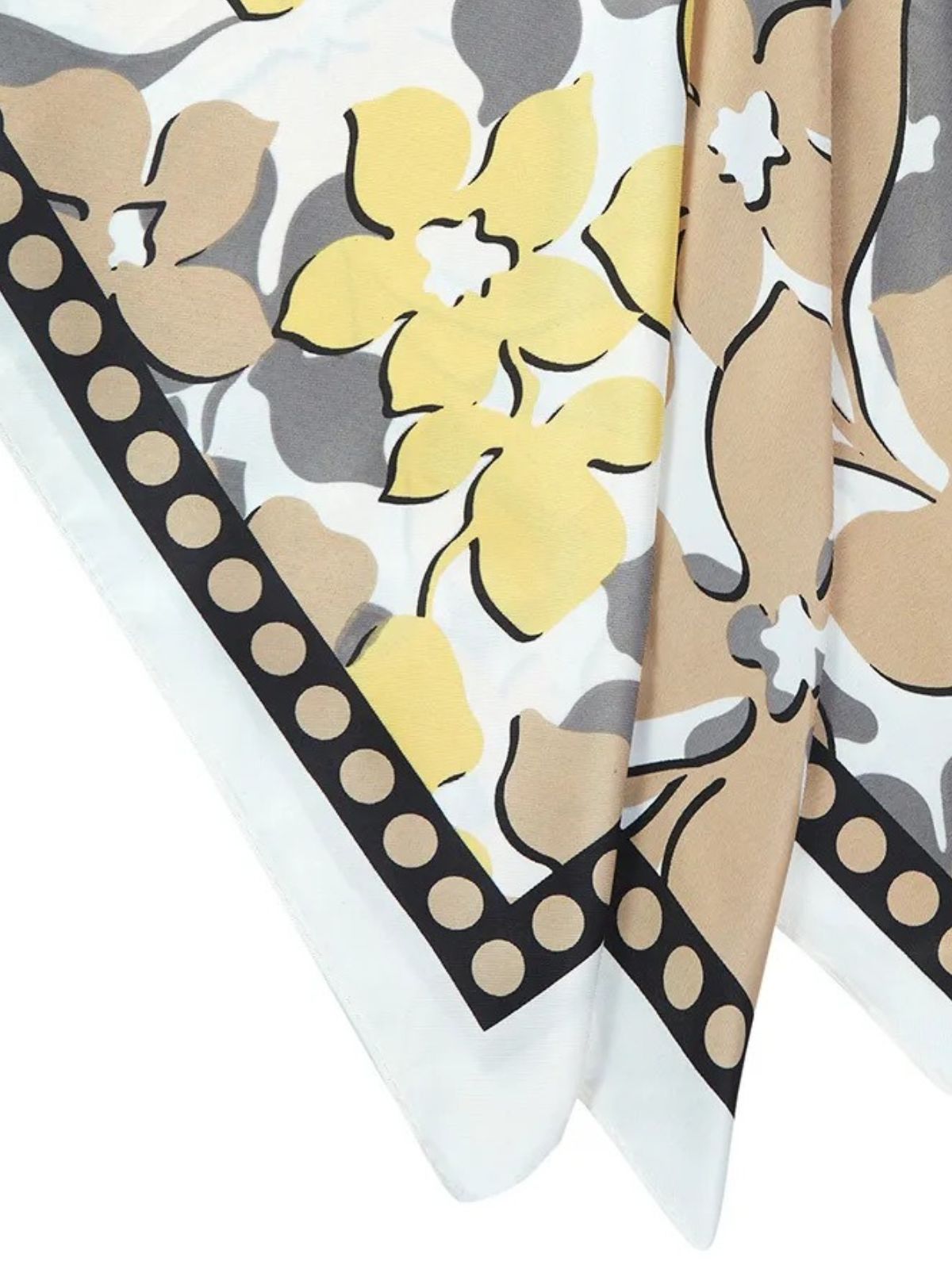 Foulard femme en aspect soie, grand carré floral, tons beige jaune gris, accessoire cheveux ou cou, doux et léger, printemps été, modèle Juliana - Écharpe - Fleuri