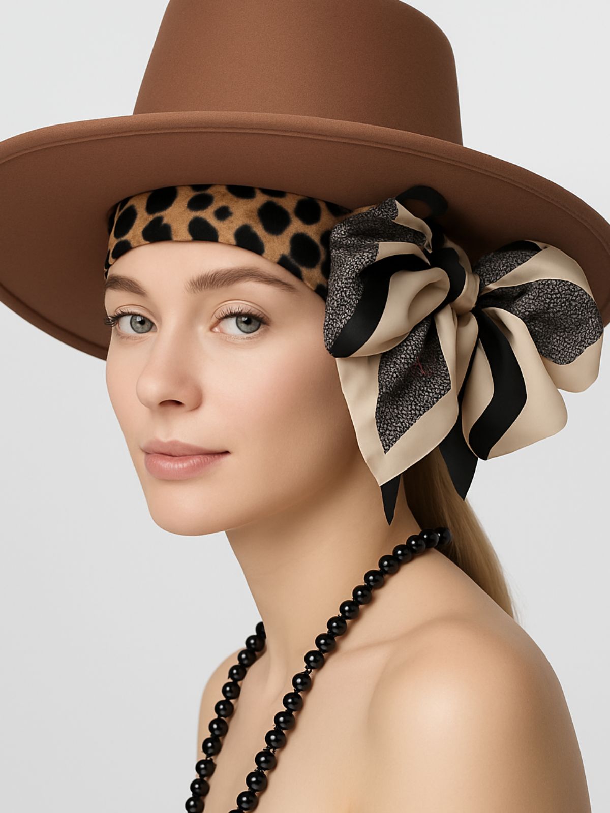 Foulard femme soyeux léopard, carré 90x90 cm, accessoire cheveux ou cou, imprimé animal beige et noir, printemps été modèle Pricilla - Écharpe - Beige Léopard