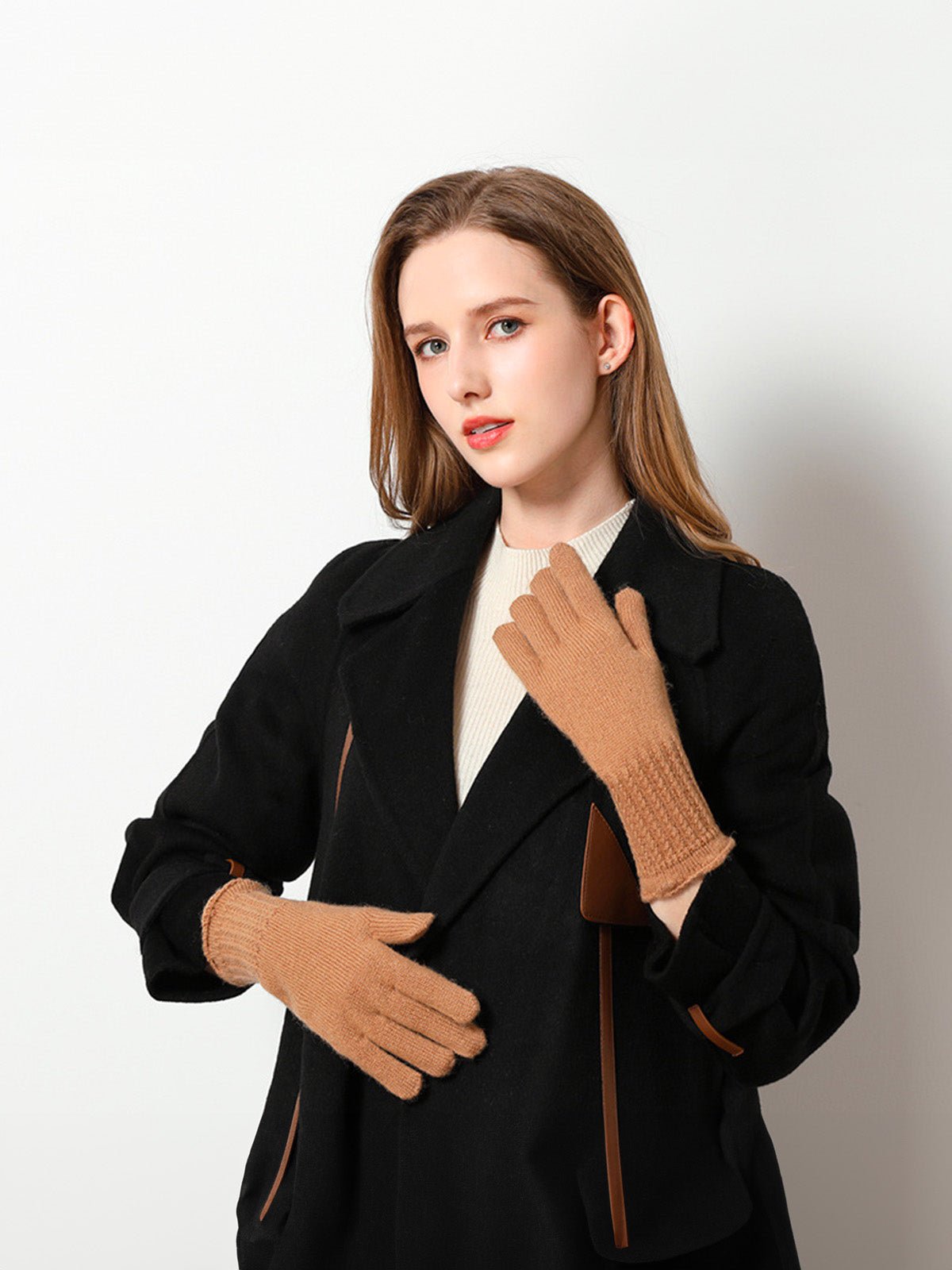 Gants chauds en laine pour l’hiver, modèle tactile unisexe à poignet long côtelé, tricot doux et confortable, modèle Doria - Gants - Camel