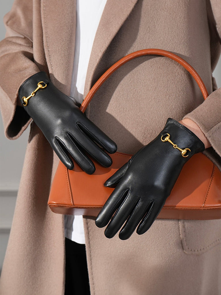Gants cuir femme noir, accessoire hiver cuir, gants doublés chauds, tactiles élégants, gants avec détail doré, modèle Jinya - Écharpe - Noir M