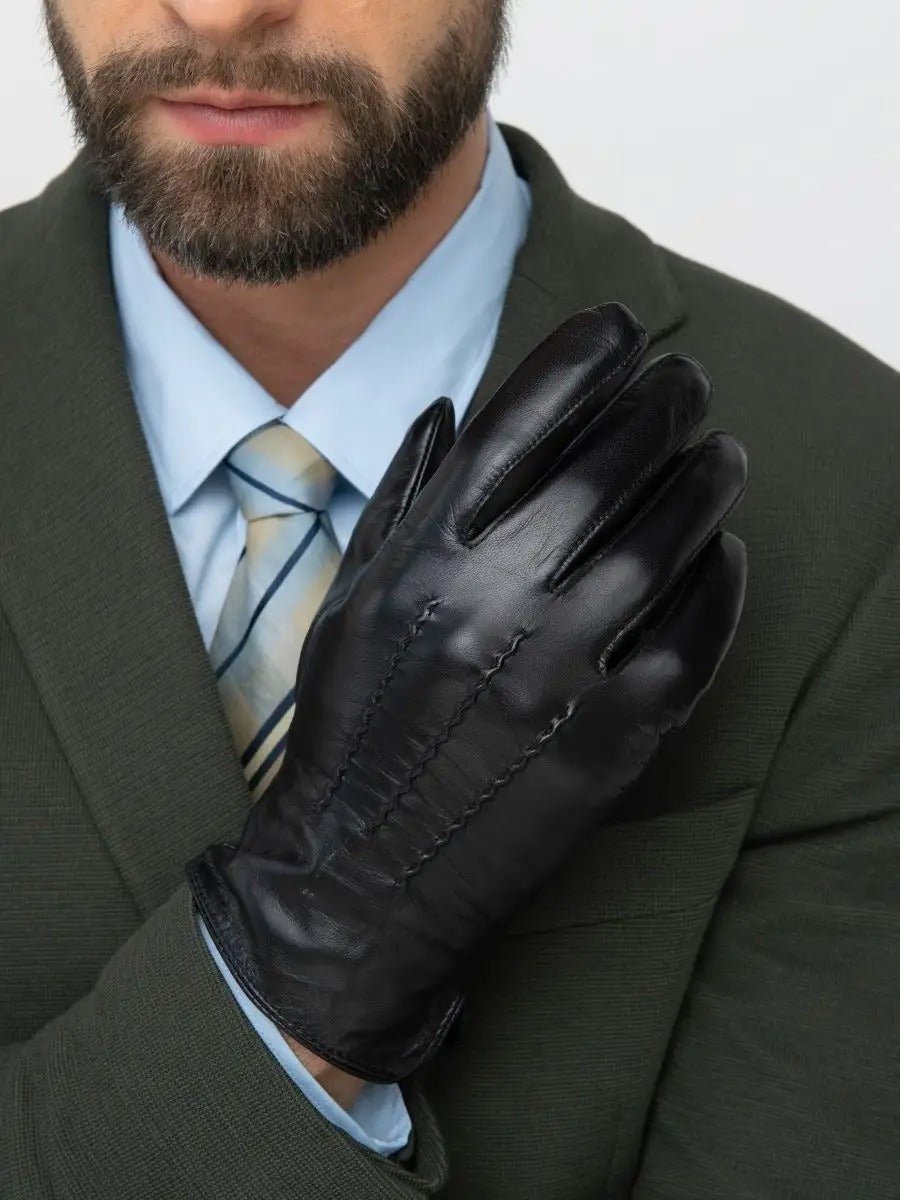 Gants en cuir homme, habillés hiver, doublés laine, noirs classiques, chauds et élégants, modèle Emilio - Gants - Noir M