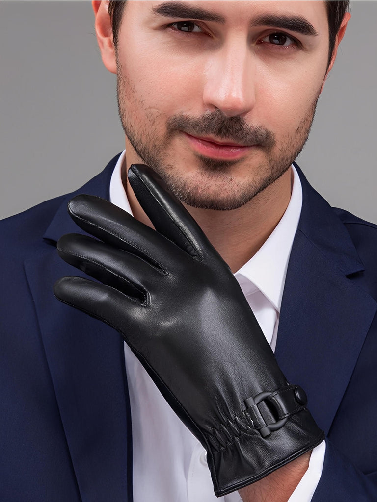 Leren herenhandschoenen winter, warme voering, touchscreen gevoel, zakelijke stijl, aansluitende pasvorm, zwart leer, model Emmanuel
