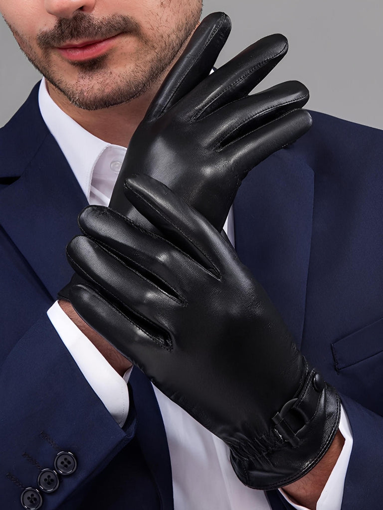 Leren herenhandschoenen winter, warme voering, touchscreen gevoel, zakelijke stijl, aansluitende pasvorm, zwart leer, model Emmanuel