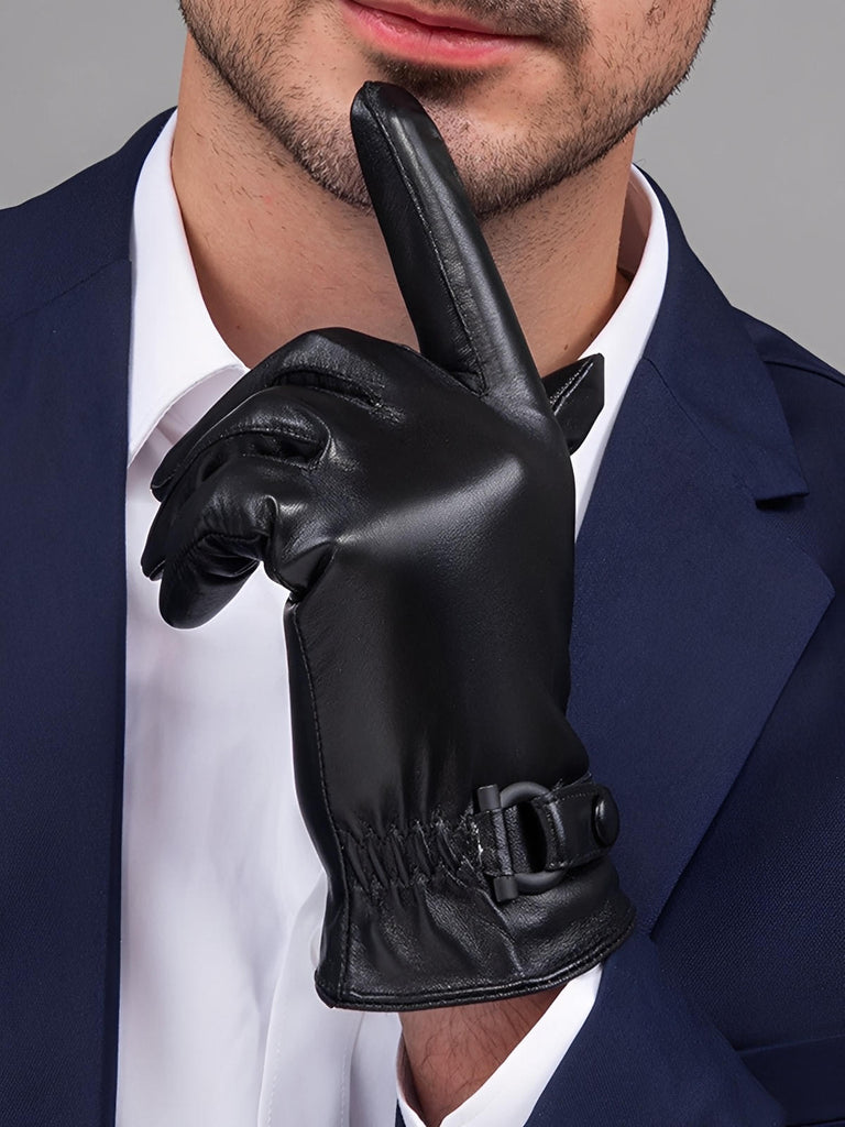Leren herenhandschoenen winter, warme voering, touchscreen gevoel, zakelijke stijl, aansluitende pasvorm, zwart leer, model Emmanuel