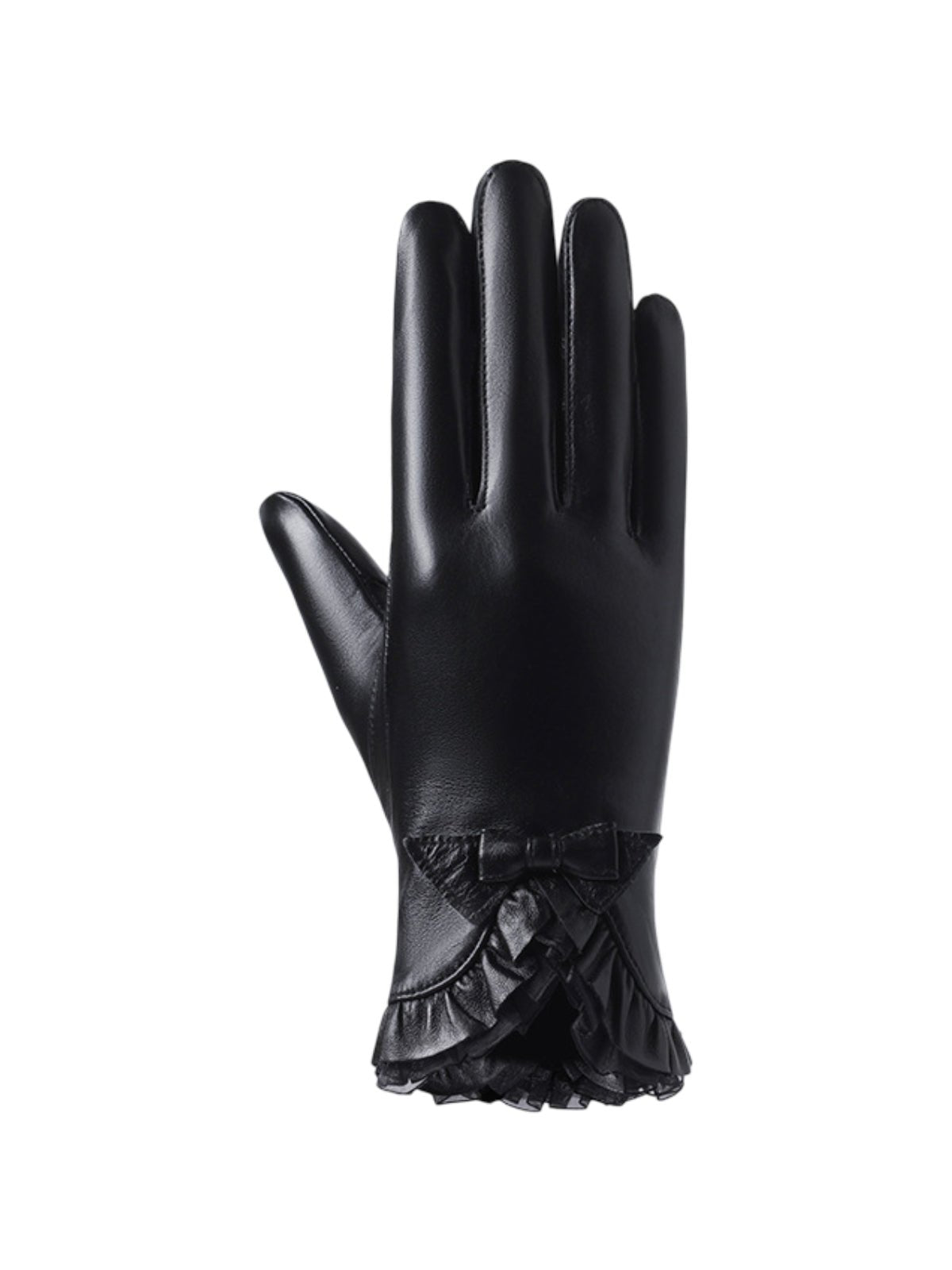 Gants en cuir noir femme hiver, accessoire tactile doublé polaire, protection main hiver chic, gant en cuir d'agneau souple, nœud décoratif poignet, modèle Clover - Écharpe - Noir M