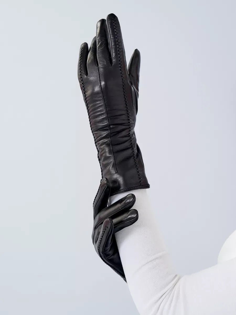 Gants en cuir noir femme, longs gants d’hiver tactiles doublés laine, accessoires chauds et élégants, modèle Guiseppa - Écharpe - Noir S