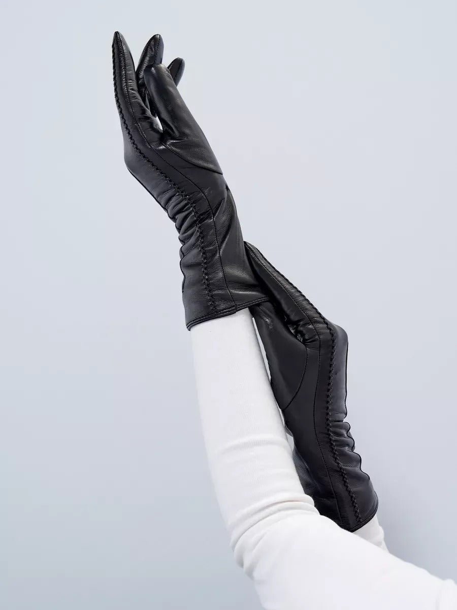 Gants en cuir noir femme, longs gants d’hiver tactiles doublés laine, accessoires chauds et élégants, modèle Guiseppa - Écharpe - Noir S