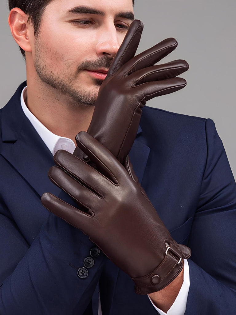 Men's leather gloves, warm and soft lining, touchscreen compatible, adjustable wrist closure, perfect for winter in the city, Tradus model