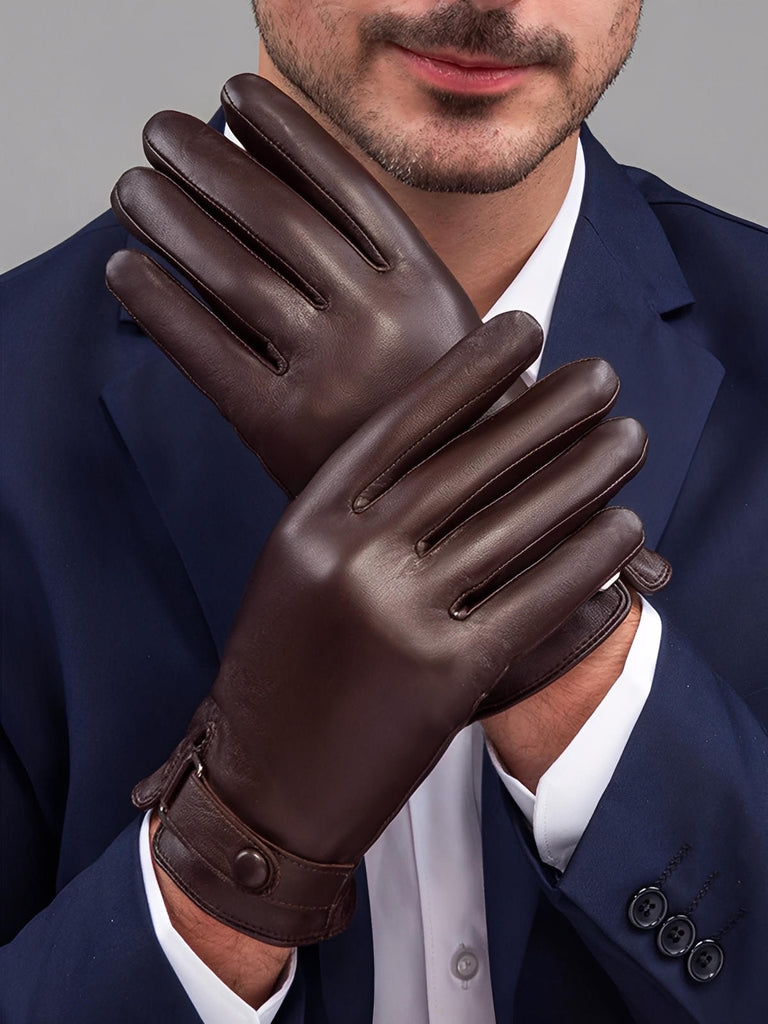 Men's leather gloves, warm and soft lining, touchscreen compatible, adjustable wrist closure, perfect for winter in the city, Tradus model