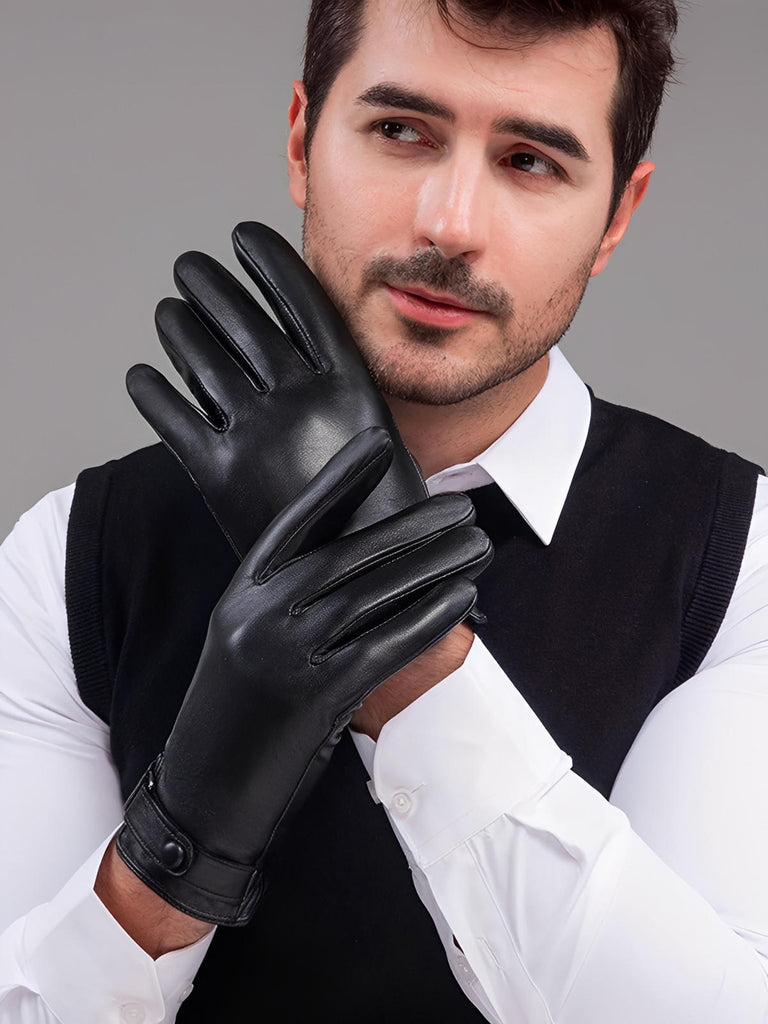 Men's leather gloves, warm and soft lining, touchscreen compatible, adjustable wrist closure, perfect for winter in the city, Tradus model