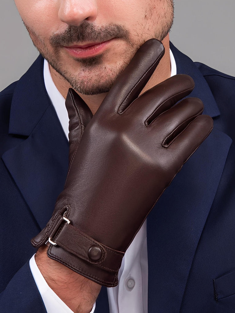 Men's leather gloves, warm and soft lining, touchscreen compatible, adjustable wrist closure, perfect for winter in the city, Tradus model