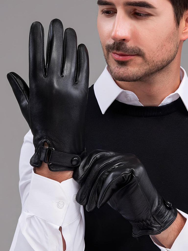 Men's leather gloves, warm and soft lining, touchscreen compatible, adjustable wrist closure, perfect for winter in the city, Tradus model