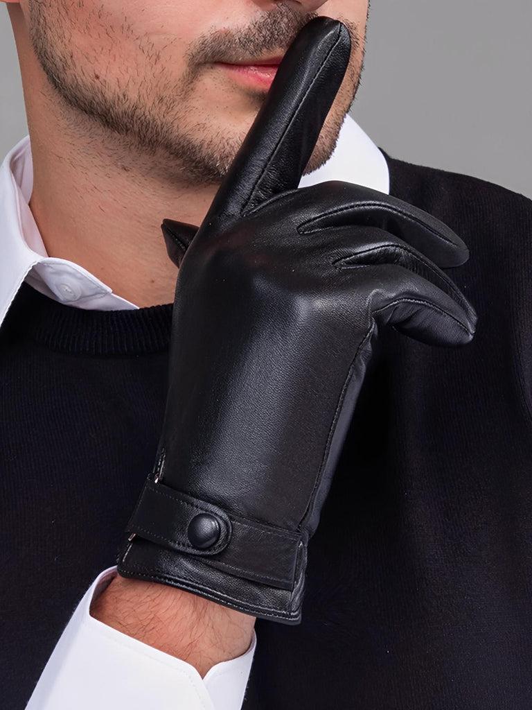 Men's leather gloves, warm and soft lining, touchscreen compatible, adjustable wrist closure, perfect for winter in the city, Tradus model
