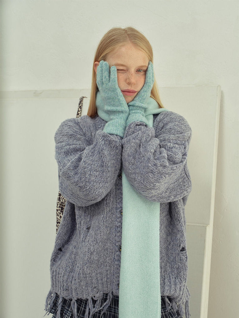 Gants en maille douce, gants hiver femme, gants longs tricotés, gants chauds doux au toucher, gants colorés unis, gants tactiles laine mélangée, modèle Kinz - Écharpe - Turquoise