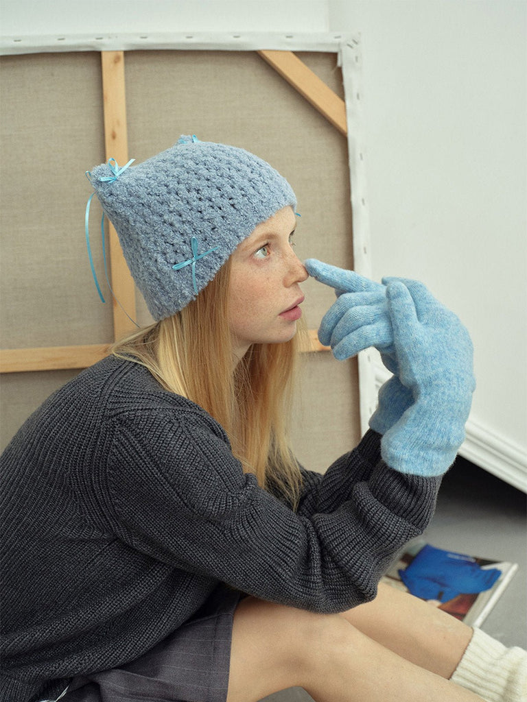 Gants en maille douce, gants hiver femme, gants longs tricotés, gants chauds doux au toucher, gants colorés unis, gants tactiles laine mélangée, modèle Kinz - Écharpe - Bleu clair