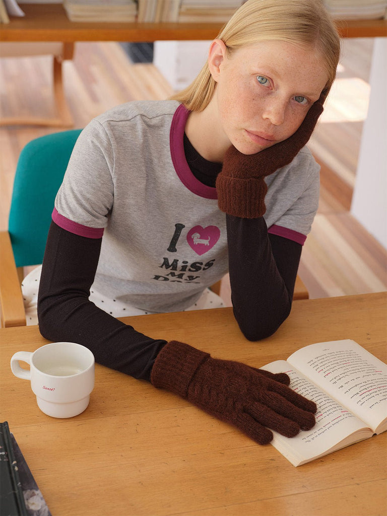 Gants femme hiver, fibre de lapin, maille torsadée douce, toucher tactile, chaud et léger, poignet long côtelé, modèle Patine - Gants - Marron