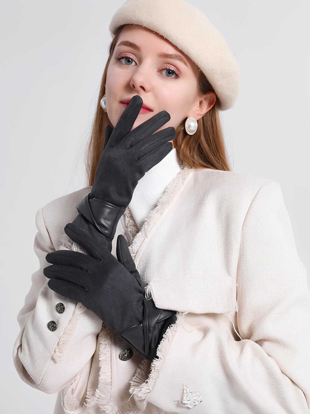 Gants femme hiver, gants tactiles chauds, en suédine doublés, gants chic avec nœud simili vegan, modèle Fouke - Gants - Gris foncé